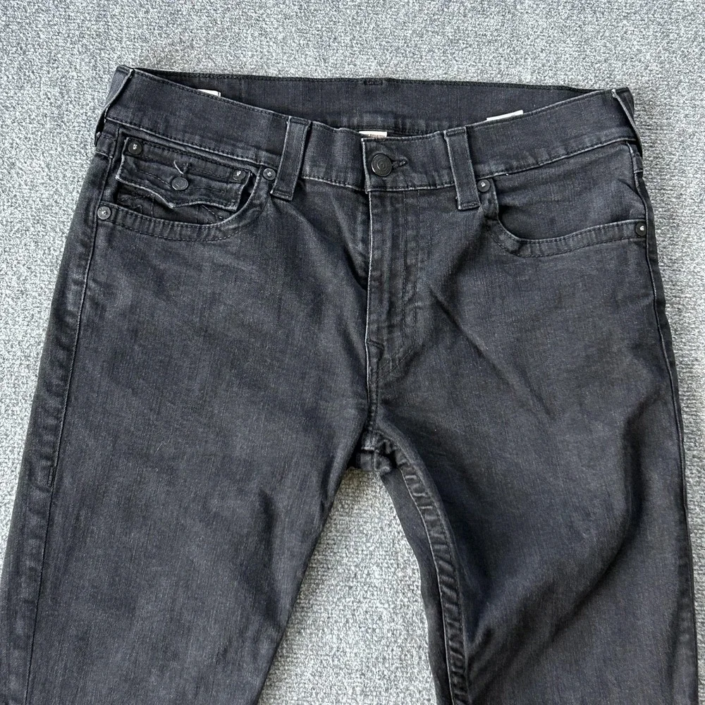 True Religion Ricky Relaxed Straight Jeans Mens 36x33 Black Rinse Flap‎ Pockets